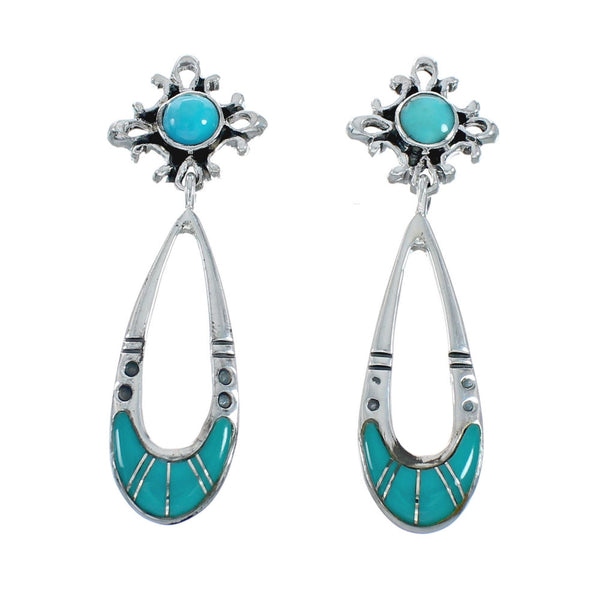 Genuine Turquoise Inlay Sterling Silver Post Dangle Earrings TX10304